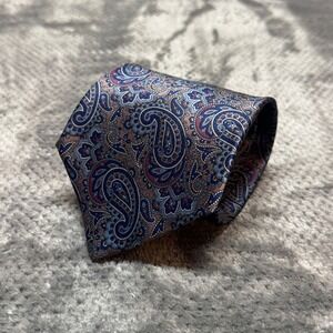 Lazarus Mens Silk Paisley Tie Blue Red Tan Geometric Made‎ in USA RN 21836